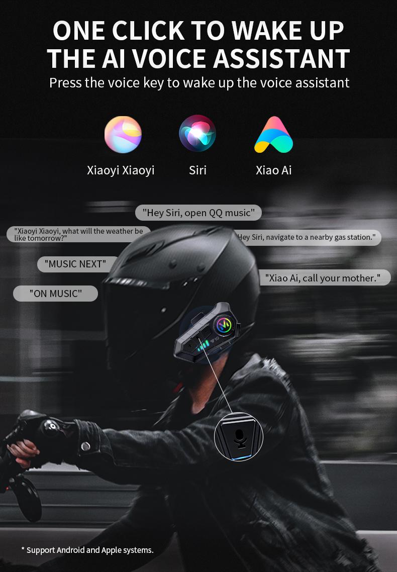 Y10 Motorcycle Helmet Headset Stereo Voice Control Bluetooth Hands Free Call  2000mAh With Ambient Light