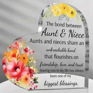 Flower Pattern Heart Shaped Desktop Decoration, 1 Count Acrylic Plaque Gift for Aunt, Birthday Present, Home Decor Ornament for Living Room Bedroom