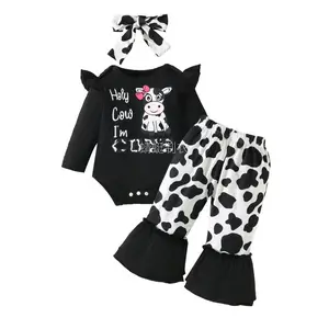 New3Pcs Newborn Baby Girl Fall Outfits Cow Embroidery Long Sleeve Romper + Bow Tie Long Pants + Headband Clothes Set for Infant Girls