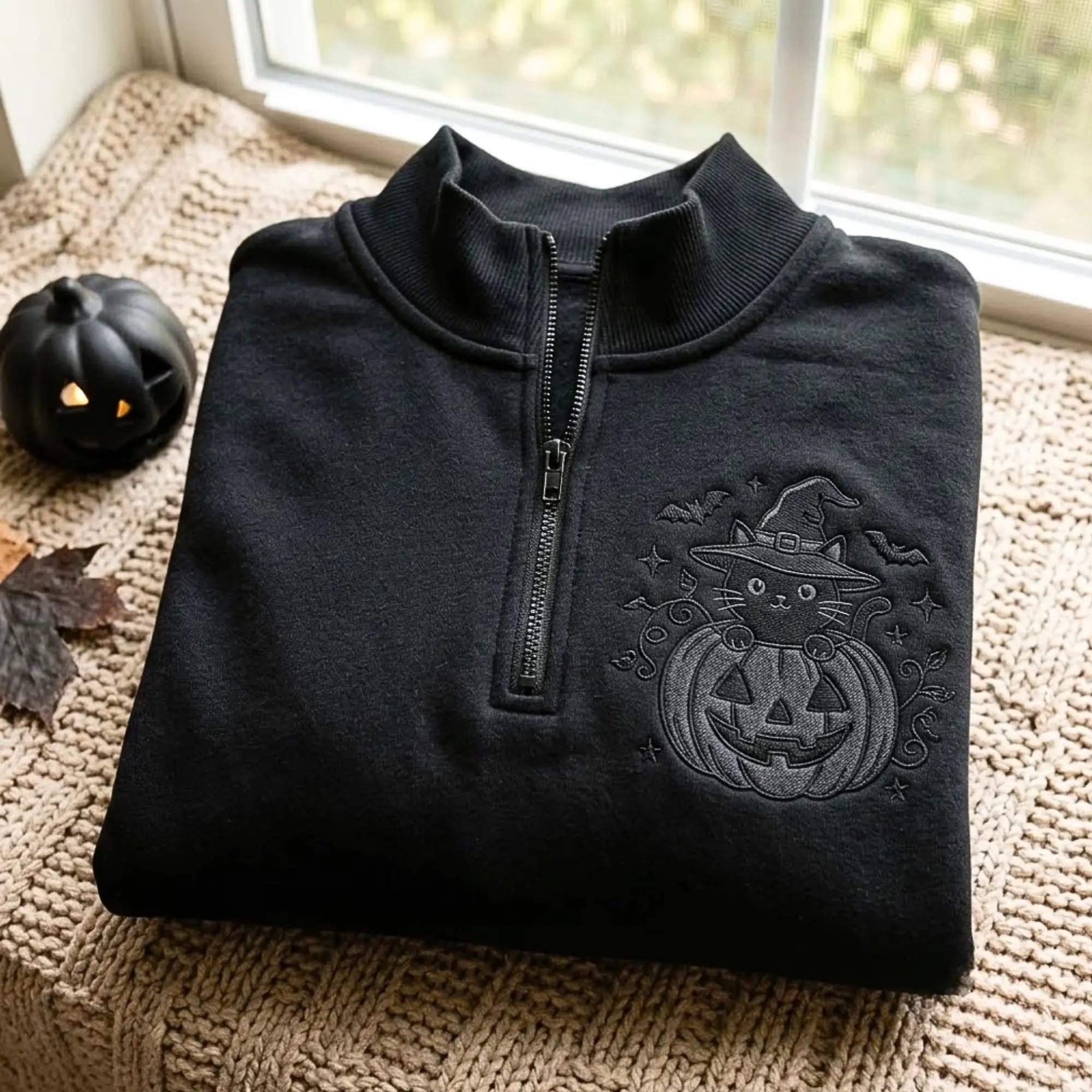 [MADE IN US] Embroidered Halloween Cat Pumpkin Quarter Zip Sweatshirt – Cozy Cotton Blend