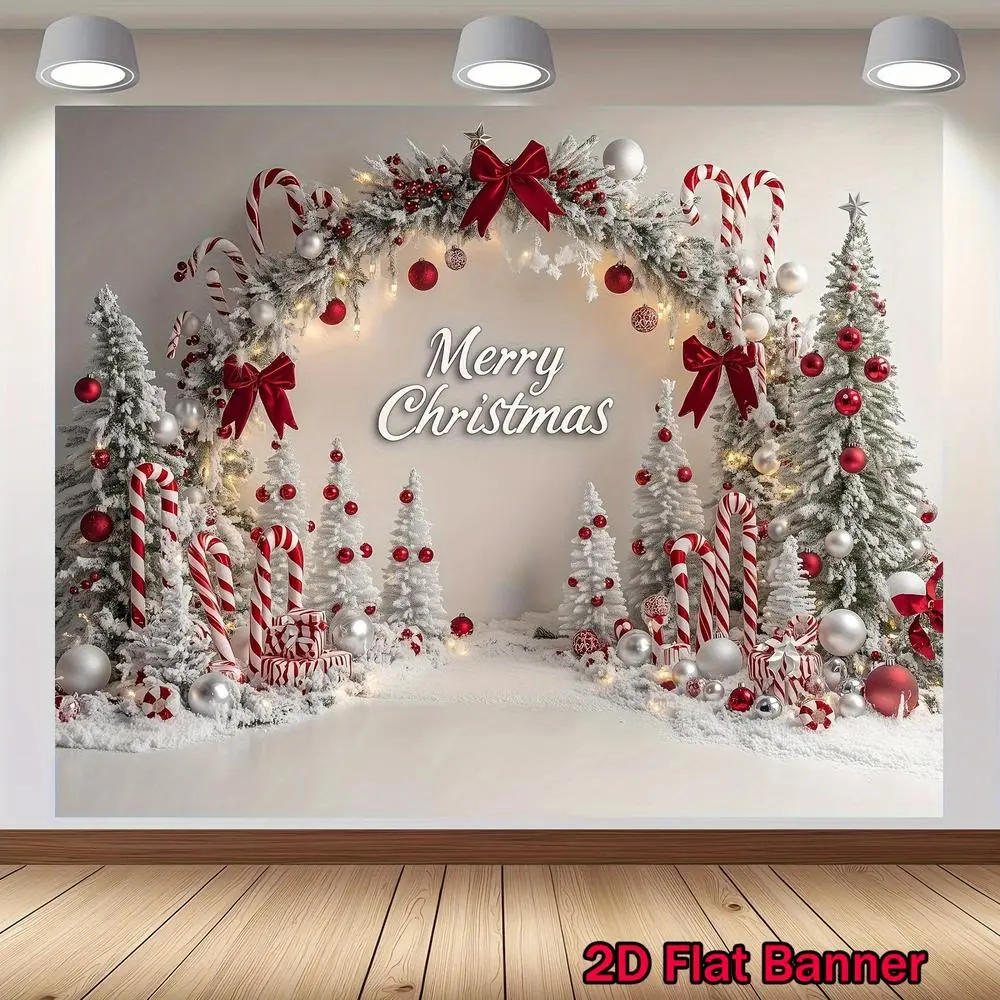 Printed LED 2D Flat Banner - Hanging Easy-Hang Saves Setup Time Festive Backdrop with 3D Christmas Background, Snowy Trees, Red Ornaments, Merry Xmas Text, Winter Scene, Polyester for Homes, Photo Booths