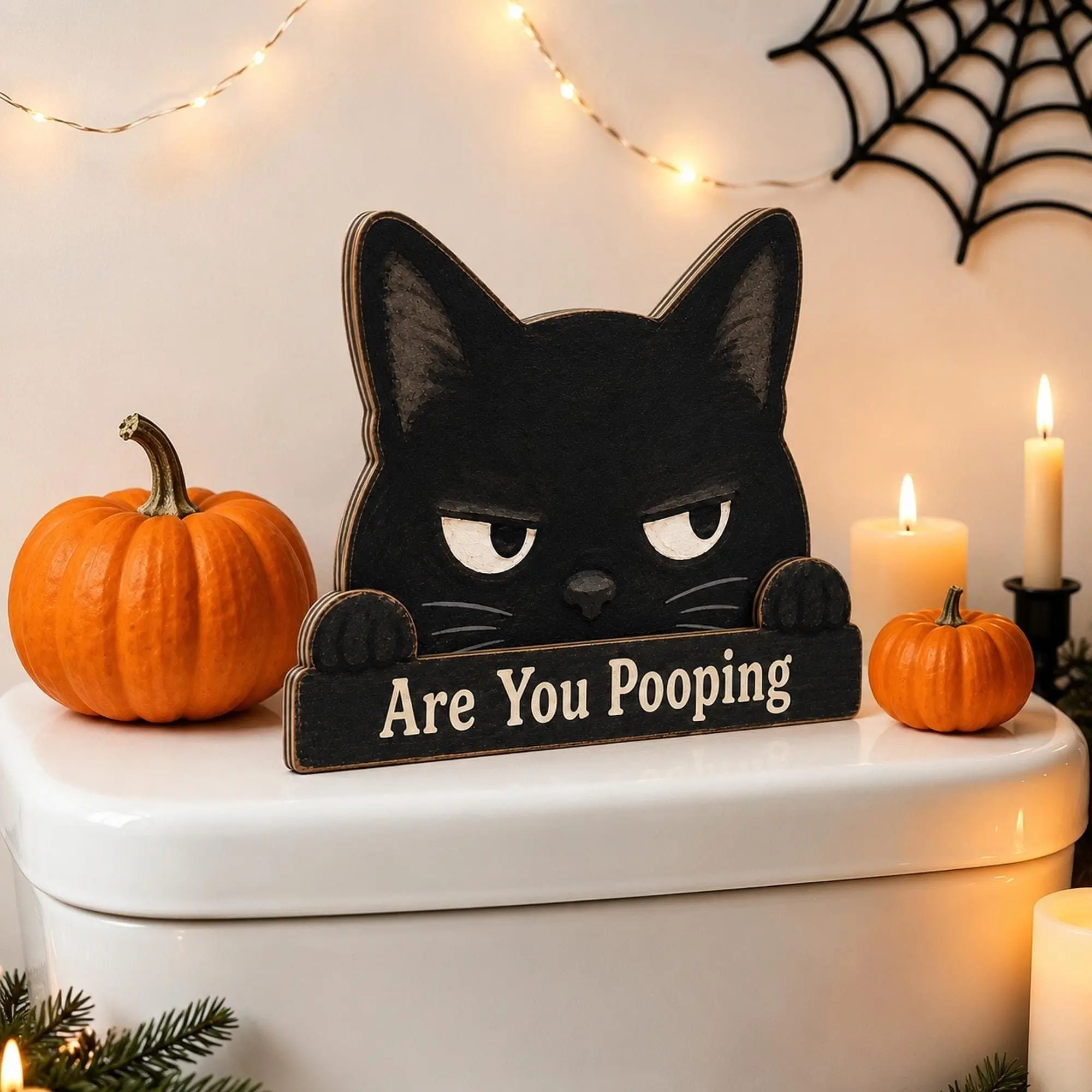 Funny Black Cat Bathroom Sign, Are You Pooping Wooden Sign, Gothic Halloween Toilet Decor, Cat Lover Housewarming Gift