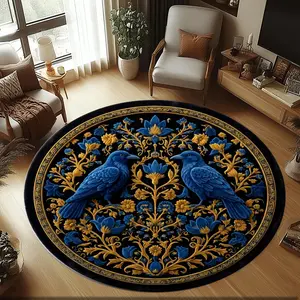 Blue and Gold Double Crows Round Sculpture Stylish and creative printed round rug, hallway/balcony rug, bathroom/entrance doormat, home décor, living room/bedside rug, Halloween/Christmas/birthday gift.