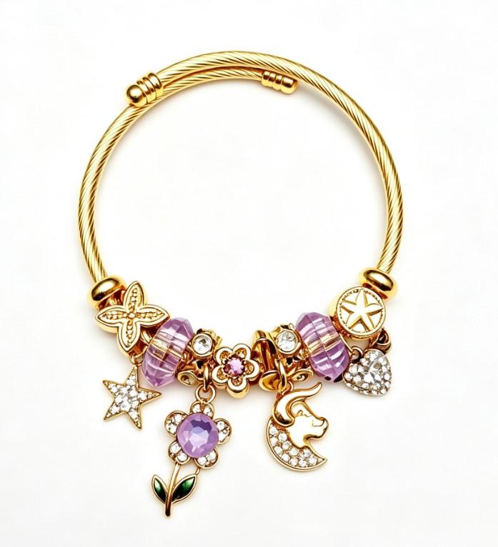 Purple Crystal Gold Charm Bangle, Adjustable Wire Bracelet with Star Floral Bull Moon Winged Heart Pendants, Jewelry Gift for Women Purple Crystal Gold Charm Bangle, Adjustable Wire Bracelet with Star Floral Bull Moon Winged Heart Pendants, Jewelry Gift for Women