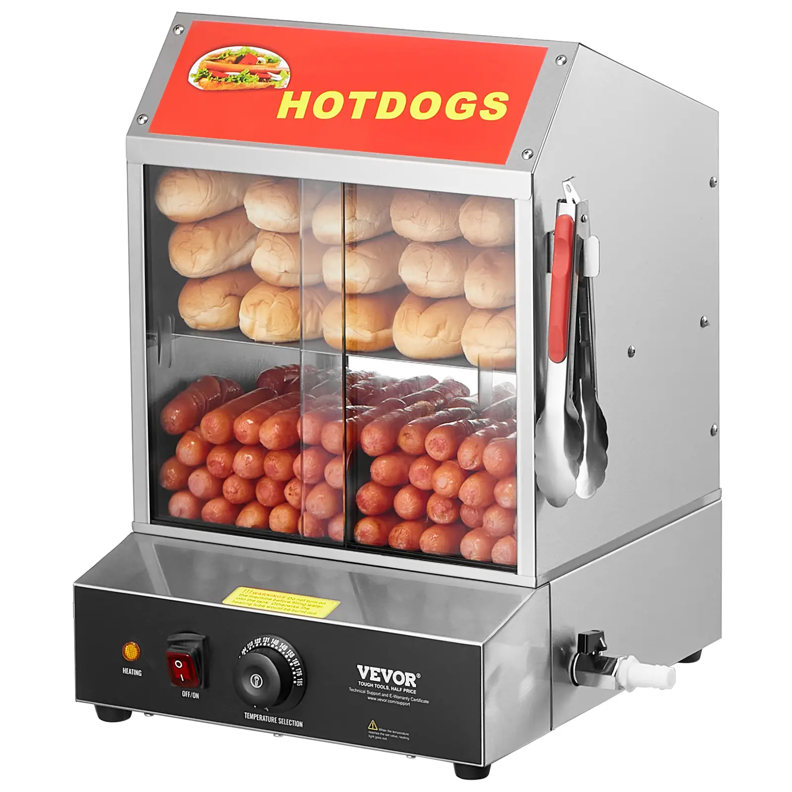【summerfinds】VEVOR Hot Dog Steamer, 28.5QT, 2-Tier Hot Dog Hut Steamer, 86℉~185℉ Temperature Control, Electric Bun Warmer with Tempered Glass Slide Doors Partition Plate Tong, Stainless Steel, for Hot Dogs & Buns