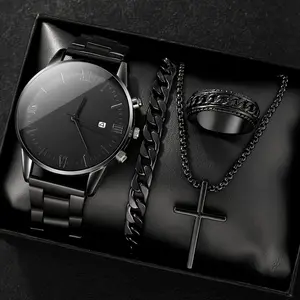 4 Piece/Set Men's Black Minimalist Quartz Watch Set with Bracelet, Necklace and Ring – Elegant Timepiece Gift Box for Casual and Formal Use