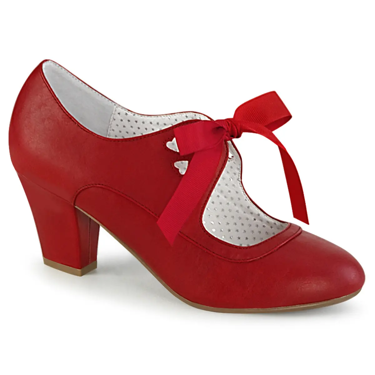 Wiggle-32 Mary Jane Pumps for Women, Elegant Red PU High Heels with a 2.5" Cuban Heel, Ribbon Tie & Heart Cutout, Footwear, High Heel