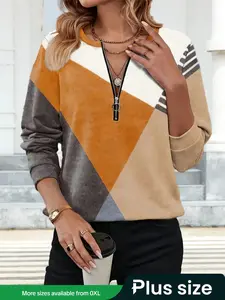 【Plus Size】 Colorblock Print Zipper V Neck Sweater, Casual Long Sleeve Jumper for Fall & Winter, Women's Plus Clothing for Daily Wear