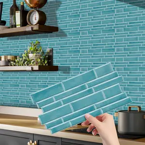 12/24/48PCS Irregular Turquoise Lake Blue Matte Long Strip Stone Tile Stickers (XY-HTP) | PVC Crystal Waterproof Oil-Proof Kitchen Bathroom Decor