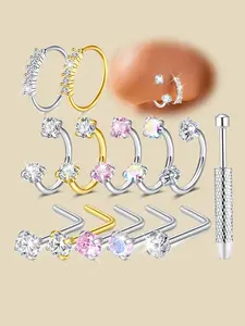 18G Horseshoe Nose Ring, Cubic Zirconia Nose Ring, Rhinestone Nose Ring, Stainless Steel Heart-Shaped Tragus Cartilage Earrings, Ear Helix Jewelry, Double Gemstone Nose Piercing Jewelry for Women