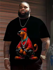 Men Plus Size Cotton T-Shirt Featuring Hip-Hop Cartoon Animal Graphics Oversized Streetwear Tee with Urban Style