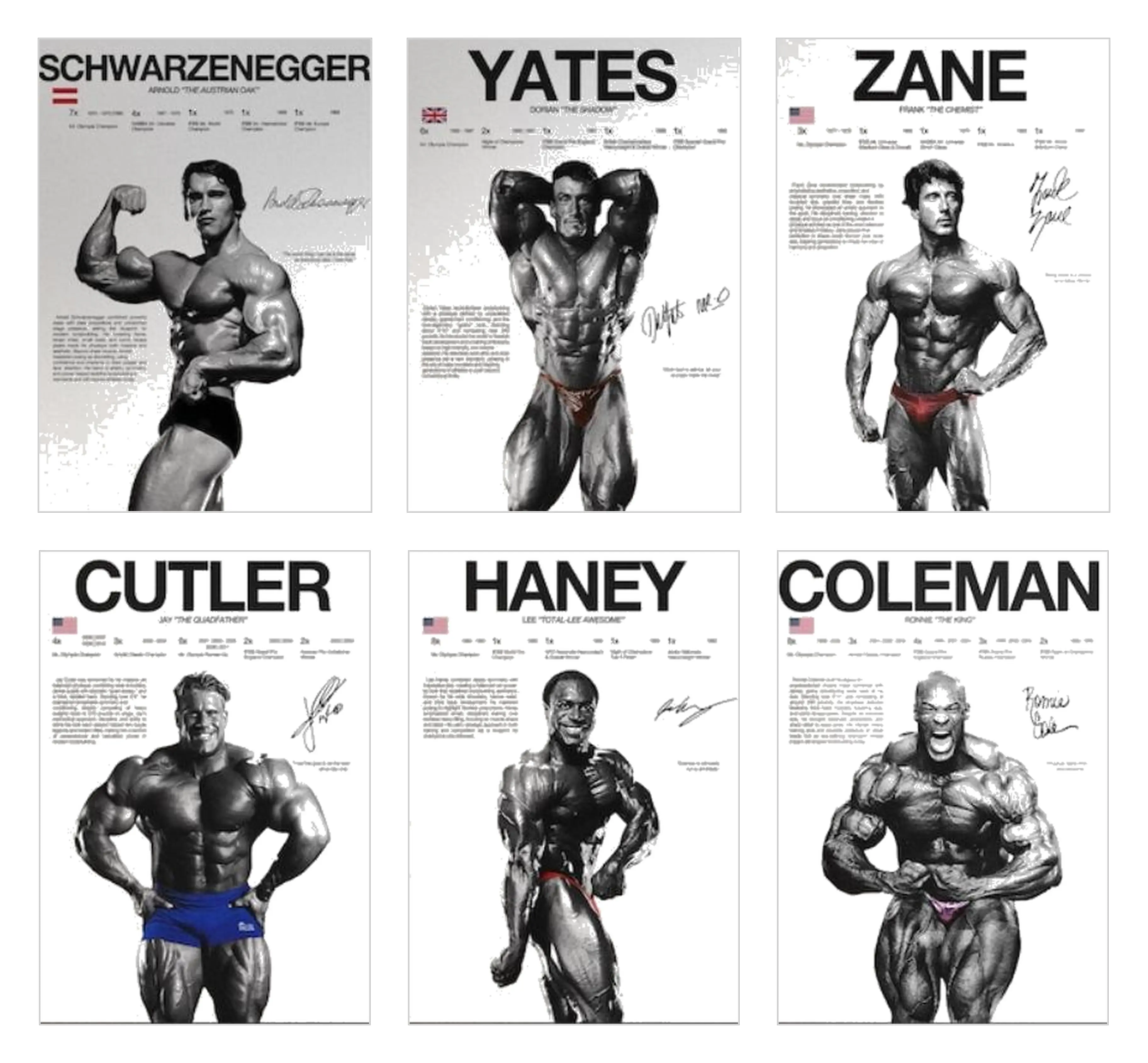 6Pcs Minimalist Waterproof Classic Mr Olympia Bodybuilding Legends Canvas Wall Art Prints, Vintage B&W Gym Motivation Frameless Posters (Arnold, Coleman, Yates, Cutler, Zane, Haney Champions), Lightweight Home Supplies for Athletic Trainer Room Decor Gift