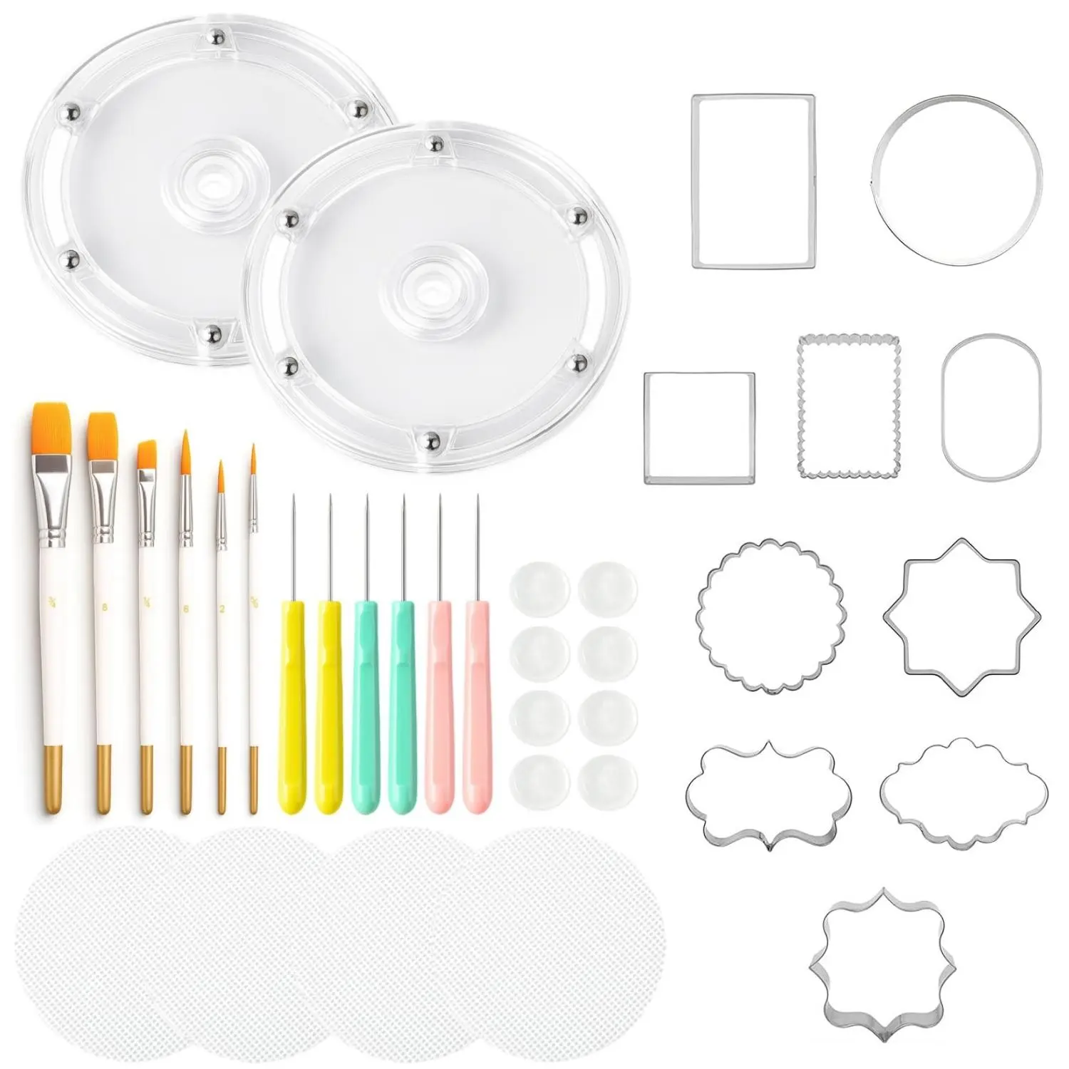 Complete 36-Piece Cookie Decorating Set – 10 Cutters, 2 Turntables, 6 Scribe Needles, 4 Silicone Mats, 6 Brushes & 8 Rubber Feet – All-in-One Baking Supplies Kit