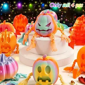 4-Piece Set 3D Printed Skull Pumpkin Model, Jointed Action Figures, Home Indoor Outdoor Decor, Halloween Party Gifts