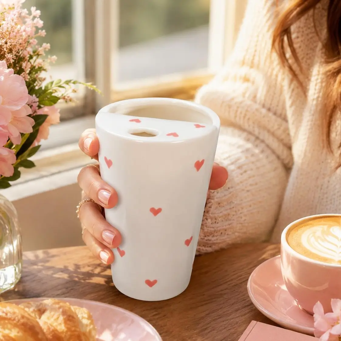 Handmade Ceramic Coffee Mug - Women's Beverage Mug with Sip Hole, Safe Non-Toxic, Unique Handcrafted Design, Microwave-Dishwasher Compatible, Travel & Office Gift Drinkware