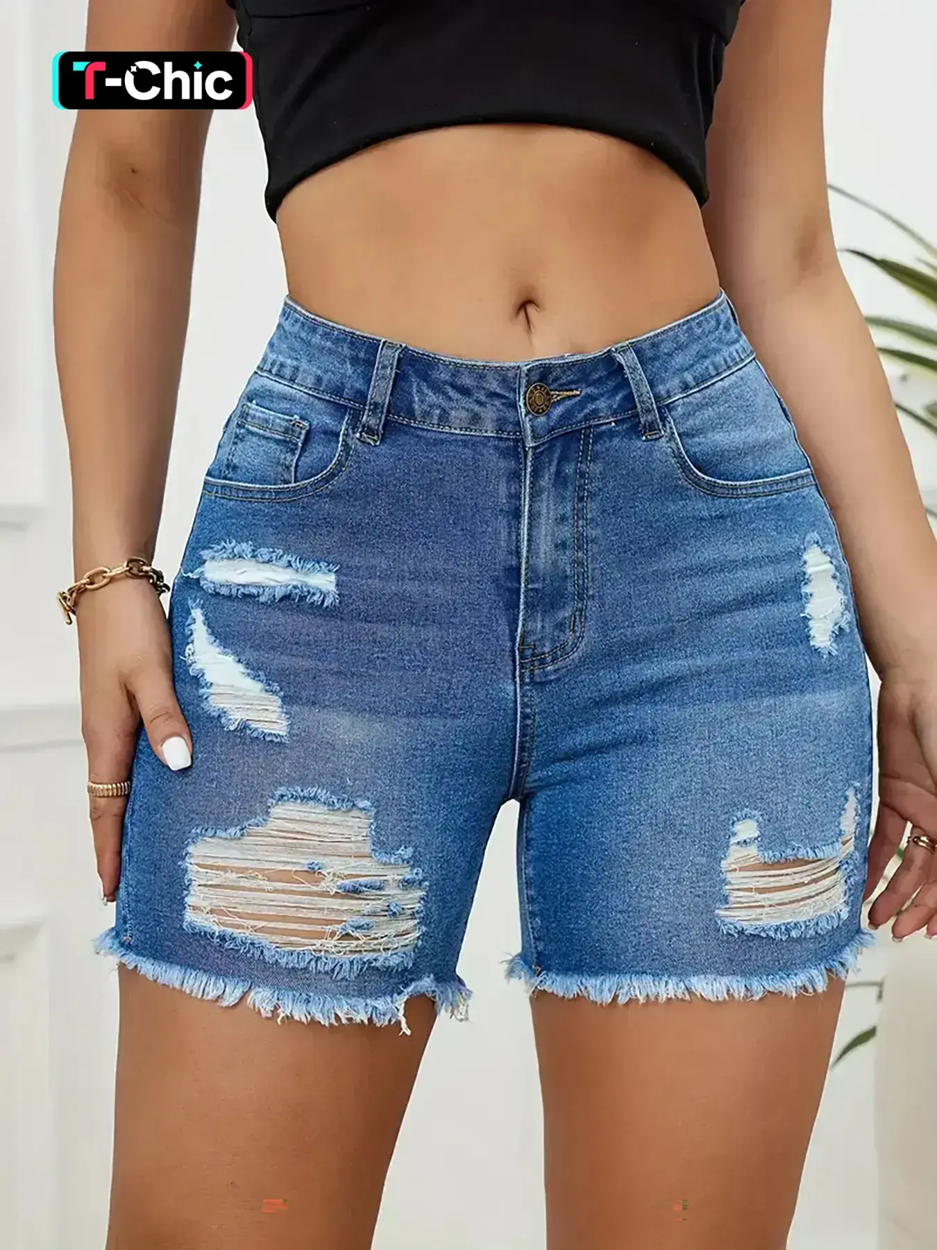 Women's High-Waist Ripped Distressed Denim Shorts with Raw Hem and Button Fly, Casual Summer Jean Shorts, Fashion Bottoms for Daily Wear