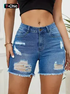 Women's Ripped Raw Hem High Waist Distressed Denim Shorts, Casual Pocket Button Fly Skinny Jean Shorts for Summer, Fashion Bottoms for Daily Wear