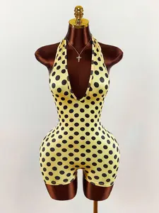 Amplova Women's Yellow & Black Polka Dot Halter Tie Backless Romper, Sexy Tight-Fitting Y2K Retro Polka Dot Print, Cute Ruched Back Detail