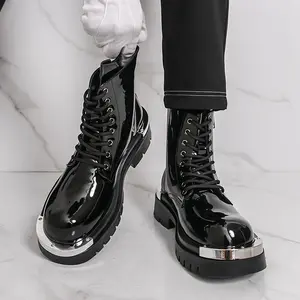 Men's Black Leather Combat Boots with Silver Metal Toe and Heel Plate Chunky Platform Lug Sole Side Zip Motorcycle Biker Boots for Streetwear Goth Punk Fashion Edgy Men's Shoes
