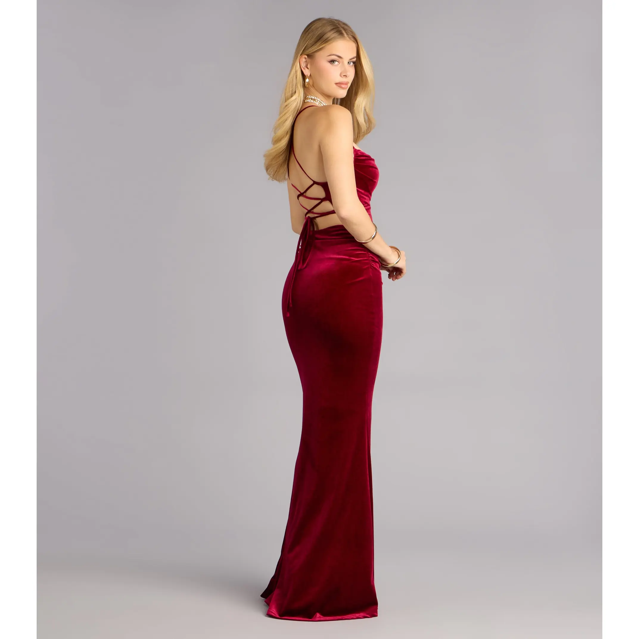 chinese dress ladies Wine Red Velvet Off Shoulder Mermaid Long Prom Dress, Long Lace-up Eve –  Cutedressy main image 0