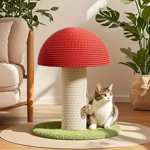 small 7.8in*11in Red Mushroom-Shaped Cat Scratching Post with Sisal Scratching Pad & Green Pom-Pom Base - 3-in-1 Space-Saving Cat ，Ideal for little kittens to release their energy.