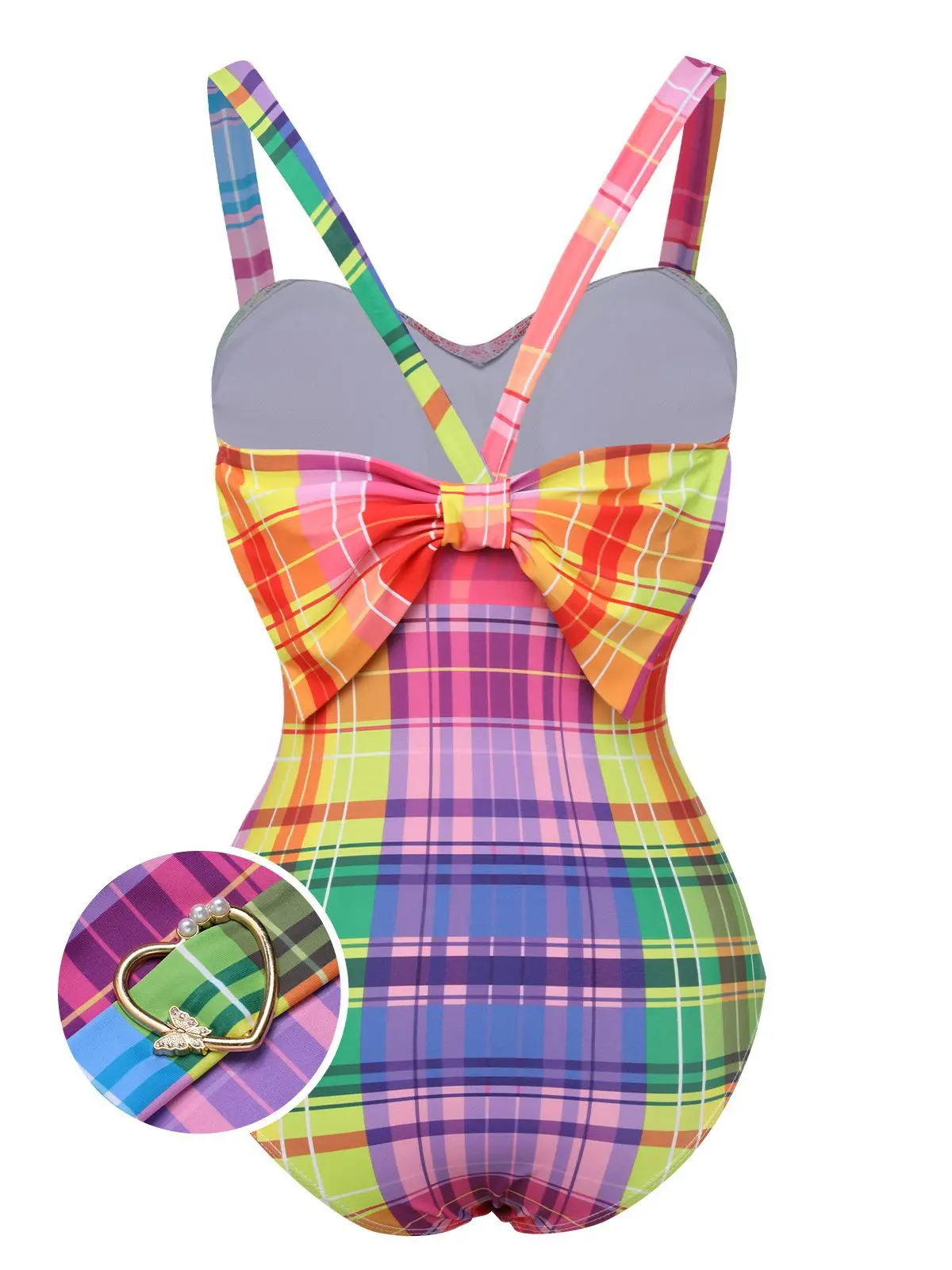Multicolor 1970s Rainbow Plaid Bow Swimsuitsummer outfits beach essentials vacation outfits Onepiece Swimwear tiktokshopbacktoschool BackToSchool