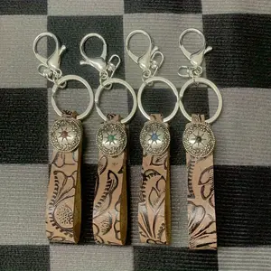 1pc Western vintage genuine leather keychain with round blue charm car key ring phone & earphone pendant unisex backpack accessory