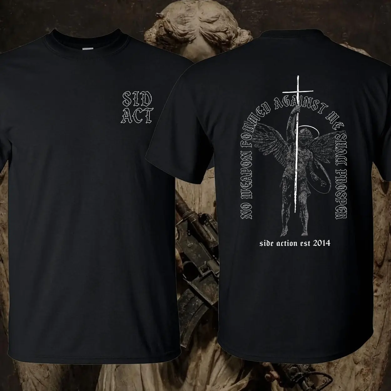 Side Action Saint Michael No Weapon Formed Against Me Christian Tactical T-Shirt/Hoodie Vintage Lockheed Martin Graphic Tee Military Enthusiast Streetwear Clothing Gift for Men Breathable Printing MMD