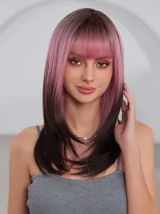 20 Inch Gradient Wig, Long Straight Layered Hairpiece, Fashionable Full Head Set for Women, All Seasons Wear