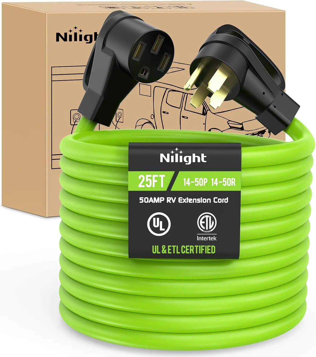 Nilight 1 x 25 ft 50amp RV Extension Cable - 50A 250V Heavy-Duty 6/3+8/1 Gauge Pure Copper STW Twisted Wire Outdoor Power Cord, UL ETL Listed, 4-Prong 14-50P 14-50R Weatherproof Rolled Coil, 12500W for EV Campers, Attention-Grabbing Electrical Cable