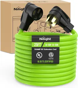 Nilight Outdoor 25FT 50A RV Extension Cable, 250V Heavy-Duty 6/3+8/1 Gauge Pure Copper STW Wire, UL ETL Listed, 4-Prong 14-50P 14-50R Weatherproof for EV Campers