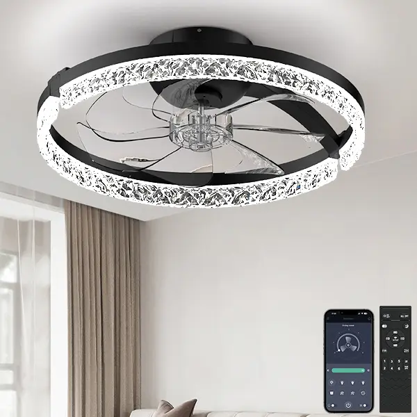 Modern  Profile Flush Mount Ceiling Fan with Light & Remote - Dimmable LED Foldable Fandelier