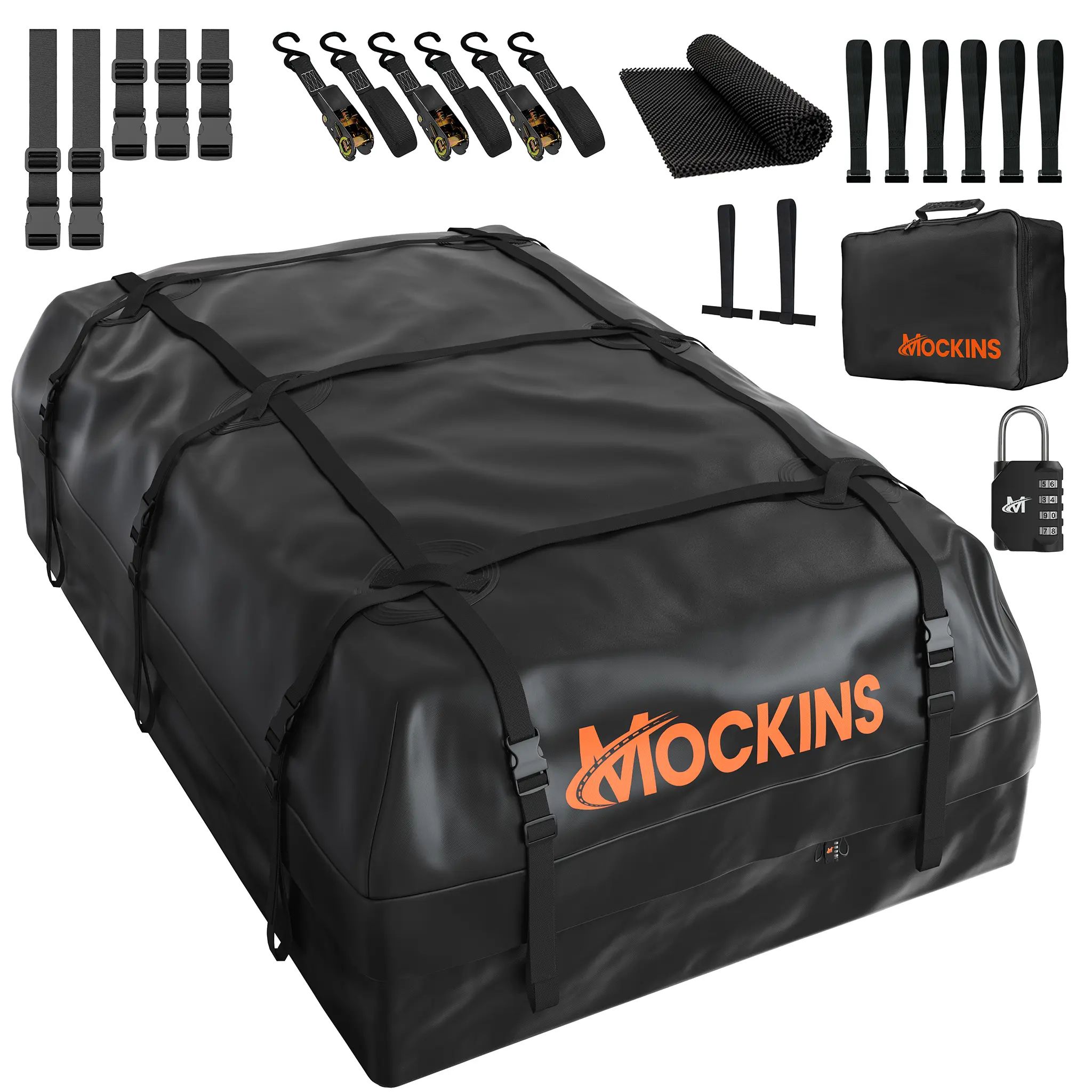 Mockins 50 Cu Ft Waterproof Car Accessories Roof Cargo Bag (85in x 50in x 20in) with Roof Pad, Straps, Hooks, Lock, and Carry Bag, Roof Storage