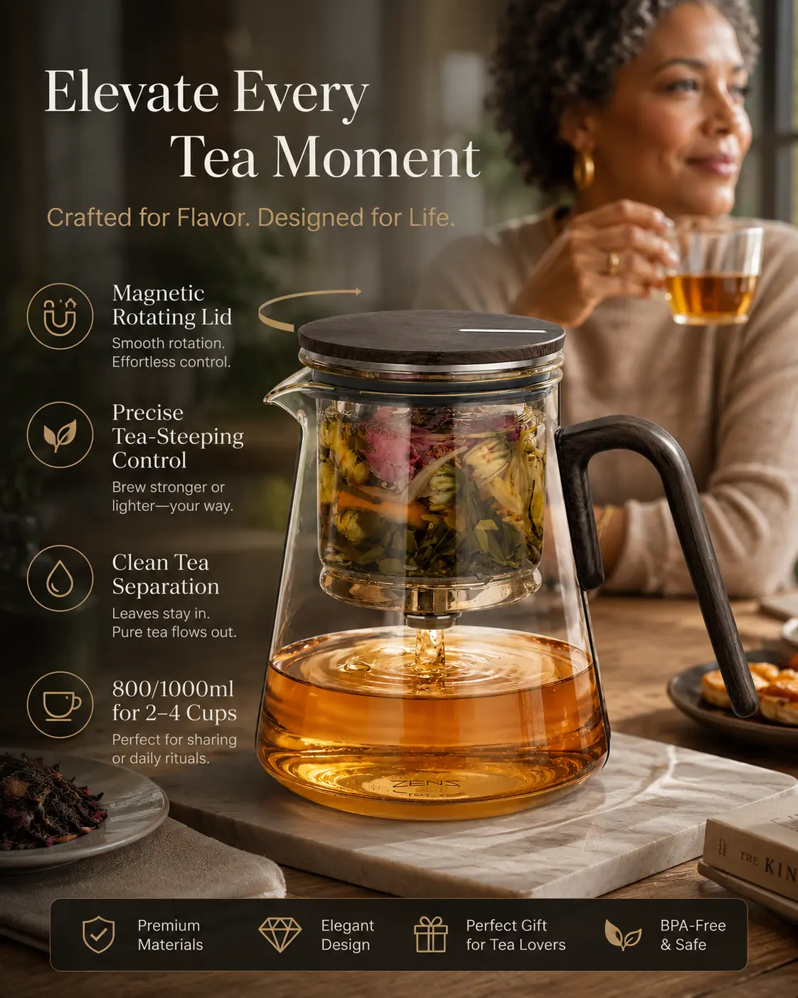 ZENS Magnetic Tea Pot, Glass Tea Separation Teapot for Loose Leaf Tea, Walnut Rotating Lid & Handle, No-Drip Spout, 800/1000ml Tea Maker Gift for Tea Lovers