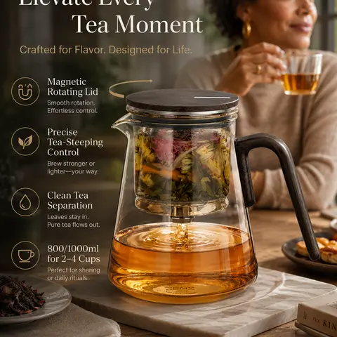 ZENS Perfect Teapot - Magnetic Twist Lid Glass & Wood Tea Maker, Walnut Rotating Handle, No-Drip Spout, 800/1000ml Loose Leaf Separator, Brew Then Pour With Ease, Fits 2-4 People, Home Gift For Tea Lovers & Parents