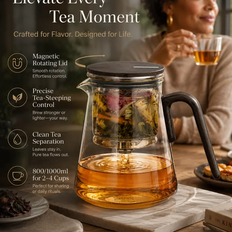 ZENS Perfect Teapot - Magnetic Twist Lid Glass & Wood Tea Maker, Walnut Rotating Handle, No-Drip Spout, 800/1000ml Loose Leaf Separator, Brew Then Pour With Ease, Fits 2-4 People, Home Gift For Tea Lovers & Parents