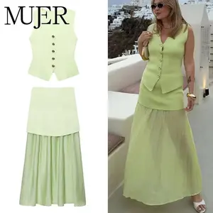 MUJER Pleated Long Skirts for Women Summer Knitted Women's Skirt Semi Sheer Layered Midi Skirt Woman High Waist Women Skirt Set