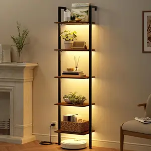 5-Tier Ladder Shelf with LED Light, Wall Mounted Ladder Bookshelf with Frame, Wall Ladder Bookshelf for Living Room, Bedroom, Office, Rustic Brown