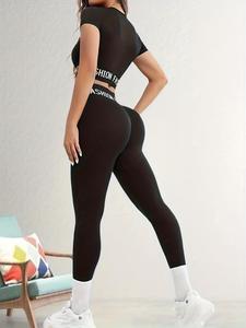 women's patchwork print tape sports crop top & high waist leggings tracksuit set, round neck short sleeve t-shirt & skinny pants two-piece set for yoga gym workout running, women sport & outdoor clothing for summer, yoga wear