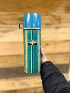 Vintage Blue Striped Thermos Bottle - Pint Size