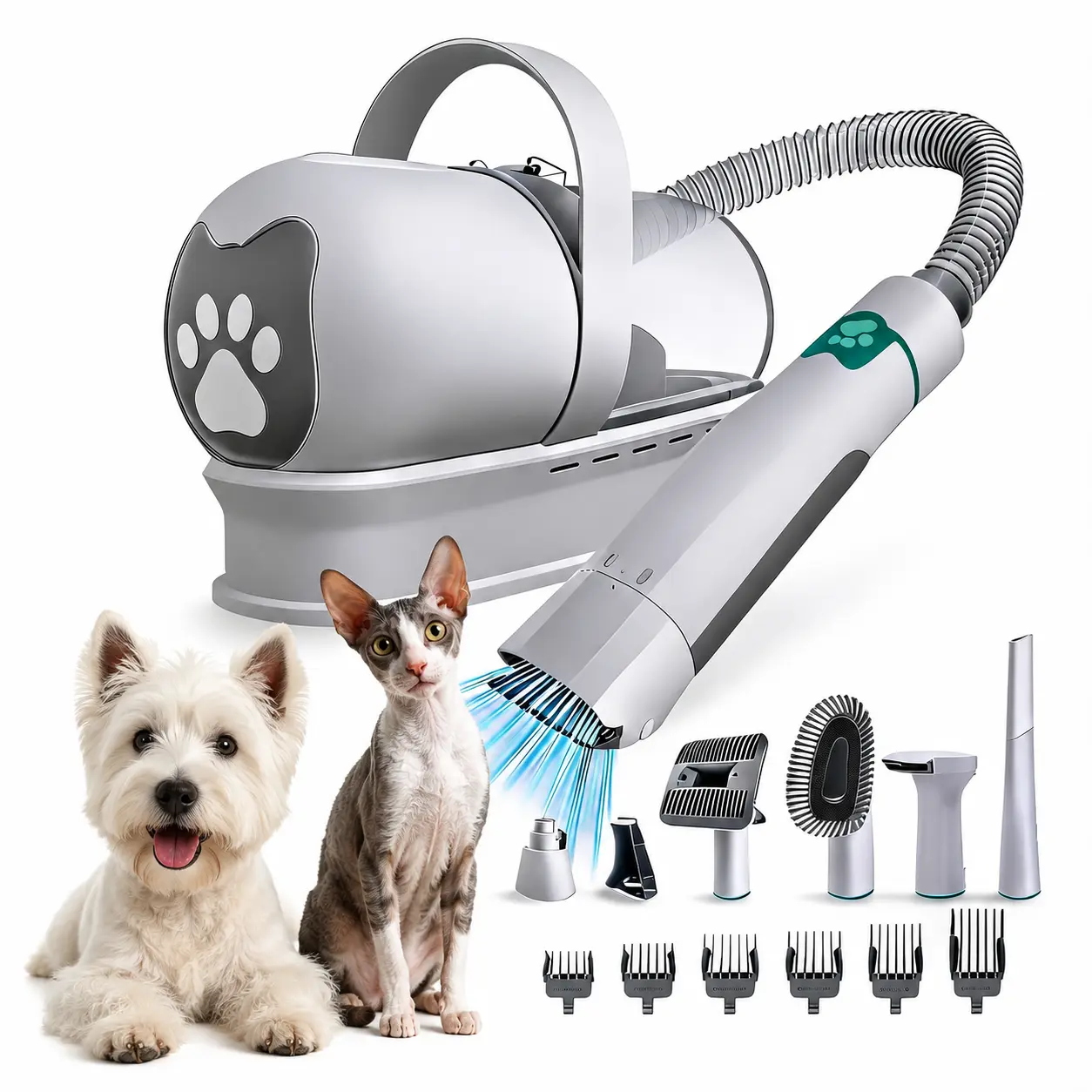Dog Grooming Vacuum Kit, 7pc Pet Hair Clipper Set with Nail Grinder, Cordless Grooming Tools for Dogs Cats, 3-Speed Suction, HEPA Filter