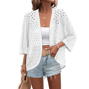 Womens Summer Crochet Cardigan Sweaters Lightweight Open Front 3/4 Sleeve Batwing Kimono Boho Knit Cover Ups 2026