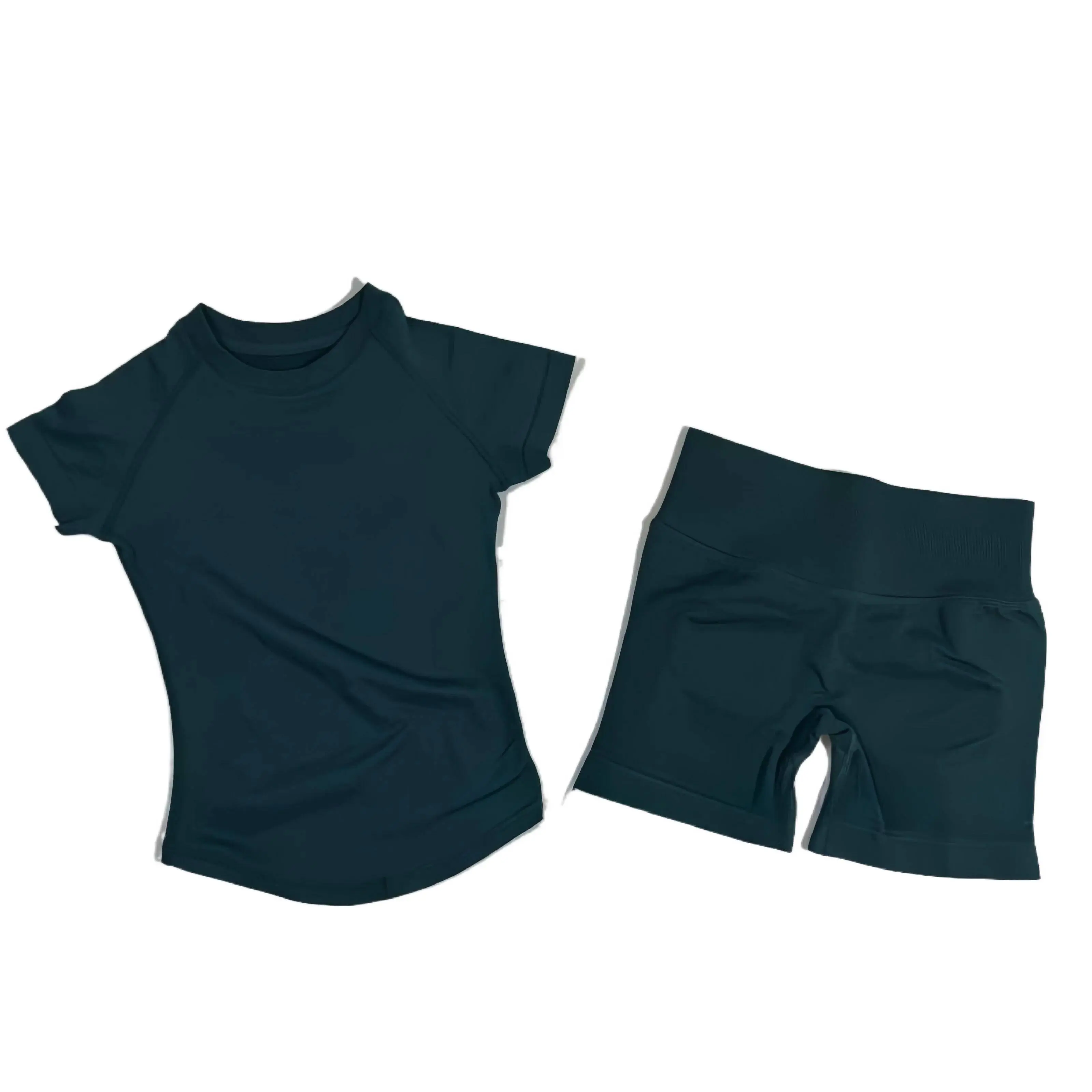 DFYNE Women's 2-Piece Seamless Matching Activewear Set - Crew Neck Short Sleeve Tee, High Waisted Workout Shorts, Matte Knit Squat-Proof Weightlifting Gym Outfit, True Size