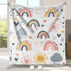 [Soft Cozy | Vintage] Soft Cozy Vintage Rainbow & Sun Flannel Throw Blanket – All-Season Knitted Polyester Bedding for Living Room, Couch, Sofa – Digital Print Leisure Travel Quilt, 200-250g