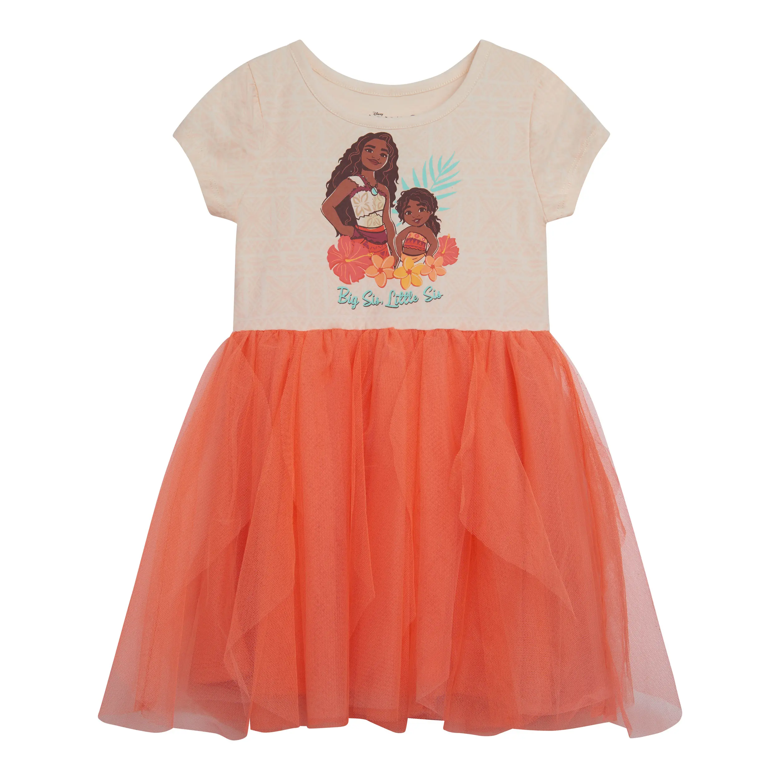 Disney Moana Girls' Ruffle Short Sleeve Tulle Dress Peach Coral Toddler to Big Kid