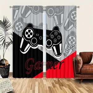 2 Piece Game Machine Print Curtains, Rod Pocket Design, Easy to Hang, Semi-Transparent Privacy Curtains, Polyester Fiber, Home Decor, Window Curtain