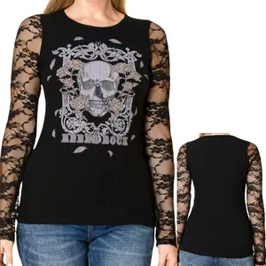 REBEL ROCK Bling N Lace Skull Ladies Longsleeve Top - Streetwear Plus Casual Alternative Biker Emo GothvGrunge Biker McBling y2k Comfort Crewneck Chic