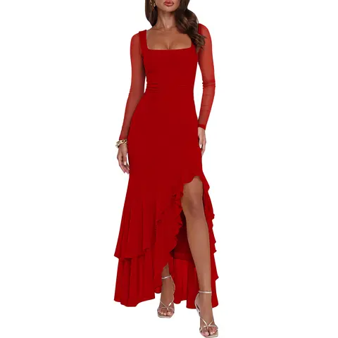 HYZ Women's Elegant Long Sleeve Square Neck Bodycon Ruched Mermaid Ruffle Hem Split Cocktail Maxi Dress
