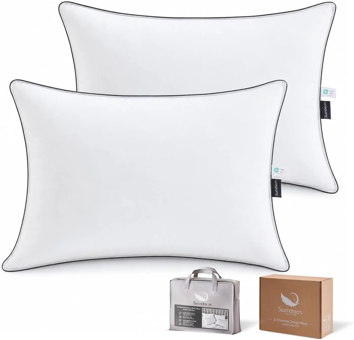 Swandream Queen Size Goose Feather and Down Bed Pillows Set of 2 - Luxury 3-Chamber Pillows with Soft, Down-Proof Cover for Hotel-Style Comfort