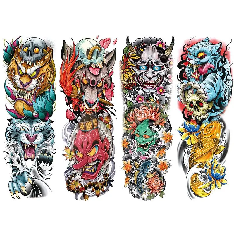 4pcs Japanese Drama Temporary Tattoo Set, Full Arm Colorful Realistic Monster Fish Fake Tattoos, Large Size Temporary Body Art Stickers